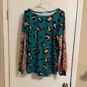 Vibrant Teal Leopard Print Long Sleeve Top
